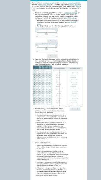 You have taken a random sample of size 18 from a normal population
that has a population mean of -10 and a population standard deviation
of -3. Your sample, which is Sample 1 in the table below, has a mean of
7-s. (In the table, Sample 1 is written "S1", Sample 2 is written "S2",
etc.)
8
(4) Based on Sample 1, graph the 80% and 95% confidence intervals for
the population mean. Use 122 for the critical value for the 80%
confidence interval, and use 1.960 for the critical value for the
confidence interval. (If necessary, consult a list of formulas
• Enter the lower and upper limits on the graphs to show each
confidence interval. Write your answers with one decimal
place.
• For the points (and), enter the population mean, μ-100.
STA
970
970
80% confidence interval
COM
100
95% confidence interval
80% 80% 95% 95%
lower upper lower upper
Smit limit limit limit
101.3 9.0 1018
101 3 990 1018
100.5 98.2 1010
1004 981 1009
100.7 98.4 101.2
100.5 98.2 100.0
100.7
100.7 984 1012
1012 98.9 101.7
$2 100.4 99.5
$3 104 995
54 996 98.7
ss 99.5 986
56 993 98.9
57 996 98.7
se 993 96.9
SP 100.3 994
$10 996 98.7
100.5 58.2 101.0
511 101.2 100.3 102.1 99.8 102.6
$12 996 98.7 100.5
100.5 98.2 1010
101.5 99.2
101.5 99.2 1020
101.2 98.9 101.7
$13 100.6 99.7
814 100.3 994
$15 996 98.7
$16 101.1 100.2
98.7
100.5
1005 98.2 100.0
1020 99.7 102.5
$17 104 995 101.399.0 101.8
$18 99.7 98.8 100.6 98.3 101.1
$19 993 98.9 100.7 98.4 1012
$20 100.6 99.7 101.5 99.2 102.0
THE
LE
1040
5
DOL
(b)Press the "Generate Samples" button below to simulate taking 19
more samples of size -18 from the population. Notice that the
confidence intervals for these samples are drawn automatically.
Then complete parts (c) and (d) below the table.
-
1040
83% confidence intervals
H
F
F
H
F
HH
H
H
H
H
H
1040 97.0
(4) Notice that for-100% of the samples, the 95%
confidence interval contains the population mean.
Choose the correct statement.
When constructing 95% confidence intervals for 20
samples of the same size from the population, at
least 95% of the samples will contain the population
mean.
When constructing 95% confidence intervals for 20
samples of the same size from the population,
exactly 95% of the samples must contain the
population mean. There must have been an error
with the way our samples were chosen.
When constructing 95% confidence intervals for 20
samples of the same size from the population, the
percentage of the samples that contain the
population mean should be close to 95%, but it may
not be exactly 5%
(d) Choose ALL that are true.
0 The 95% confidence interval for Sample 13 indicates
that 95% of the Sample 13 data values are between
99.2 and 102.0
The se confidence interval for Sample 13 is
narrower than the 95% confidence interval for
Sample 13. This is coincidence; when constructing a
camole
confidence interval for a sample, there is no
relationship between the level of confidence and the
width of the interval.
From the 80% confidence interval for Sample 13, we
cannot say that there is an se% probability that the
population mean is between 99.7 and 101.3.
If there were a Sample 21 of size -36 taken from
the same population as Sample 13, then the 95%
confidence interval for Sample 21 would be wider
than the 95% confidence interval for Sample 13.
None of the choices above are true.
95% confidence intervals
H
F
H
H
H
H
HH
H
H
L
H
H
H
H
H
HH
H
H
H
++++
5
1040