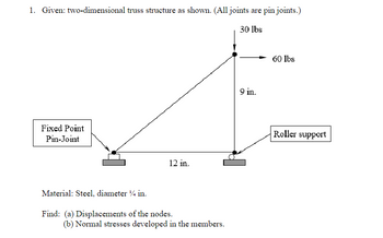 1. Given: two-dimensional truss structure as shown. (All joints are pin joints.)
Fixed Point
Pin-Joint
12 in.
Material: Steel, diameter 1/4 in.
Find: (a) Displacements of the nodes.
(b) Normal stresses developed in the members.
30 lbs
9 in.
60 lbs
Roller support