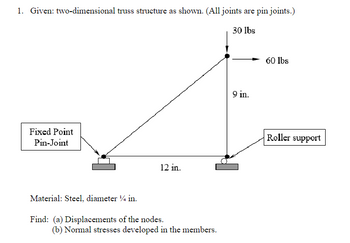 1. Given: two-dimensional truss structure as shown. (All joints are pin joints.)
Fixed Point
Pin-Joint
12 in.
Material: Steel, diameter 1/4 in.
Find: (a) Displacements of the nodes.
(b) Normal stresses developed in the members.
30 lbs
9 in.
60 lbs
Roller support