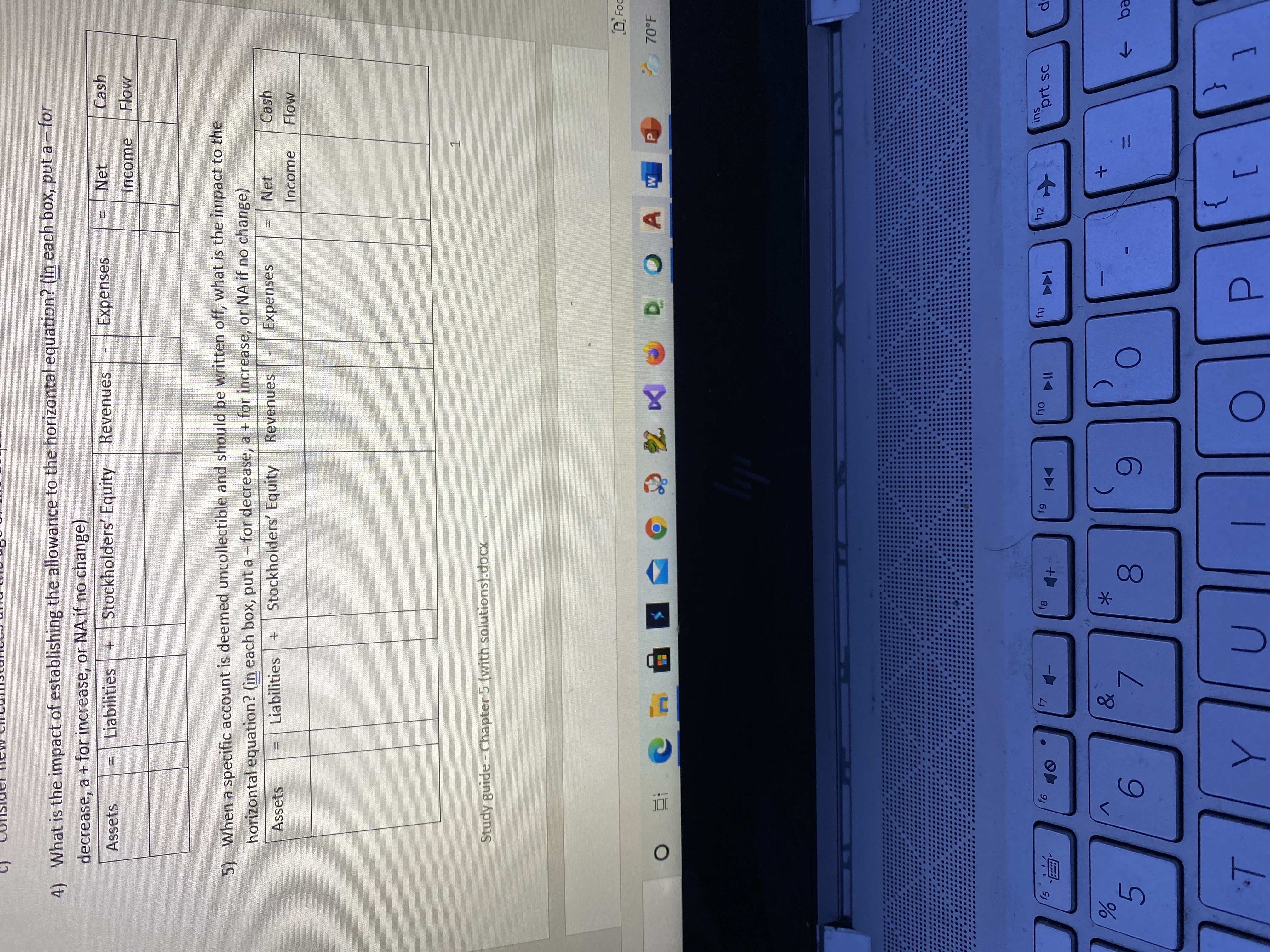 1.
00
8.
4) What is the impact of establishing the allowance to the horizontal equation? (in each box, put a - for
decrease, a + for increase, or NA if no change)
Liabilities
Stockholders' Equity
Revenues
Expenses
Net
Cash
Assets
Income
Flow
5) When a specific account is deemed uncollectible and should be written off, what is the impact to the
horizontal equation? (in each box, put a - for decrease, a + for increase, or NA if no change)
Stockholders' Equity
Revenues
Expenses
Net
Cash
Assets
Liabilities
Income
Flow
Study guide - Chapter 5 (with solutions).docx
O Foc
70°F
P.
f12
prt sc
f5
->
6.
6.
5.
}
{
