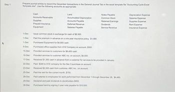 Step 1:
Prepare journal entries to record the December transactions in the General Journal Tab in the excel template file "Accounting Cycle Excel
Template xisx". Use the following accounts as appropriate:
Cash
Accounts Receivable
Supplies
Prepaid Insurance
Equipment
Land
Accumulated Depreciation
Accounts Payable
Deferred Revenue
Salaries Payable
Notes Payable
Common Stock
Retained Earnings
Dividends
Service Revenue
1-Dec
Issue common stock in exchange for cash of $8.500
1-Dec
Paid the premium in advance on a one-year insurance policy, $1,080.
1-Dec
Purchased Equipment for $4,800 cash.
5-Dec
Purchased office supplies from XYZ Company on account, $500.
15-Dec
Provided services to customers for $6,400 cash
16-Dec
Provided services to customer ABC Inc on account, $4,000.
17-Dec
Received $1,300 cash in advance from a customer for services to be provided in January
22-Dec
Paid $240 to XYZ company for the Dec 5 purchase on account.
23-Dec
Received $2,000 cash from customer, ABC Inc., on account
25-Dec
Paid the rent for the current month, $750,
28-Dec
Paid salaries to employees for work performed from December 1 through December 28, $4,480
29-Dec
Declared and paid dividends to stockholders $450.
30-Dec Purchased land by signing 3 year note payable for $10,000
Depreciation Expense
Salaries Expense
Supplies Expense
Rent Expense
Insurance Expense