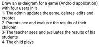 Draw an er-daigram for a game (Android application)
with four users in it
1- The admin updates the game, deletes, edits and
creates
2- Parents see and evaluate the results of their
children
3- The teacher sees and evaluates the results of his
students
4- The child plays
