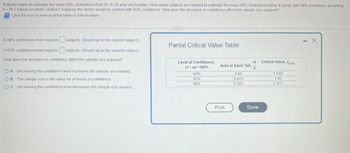 A doctor wants to estimate the mean HDL cholesterol of all 20- to 29-year-old females. How many subjects are needed to estimate the mean HDL cholesterol within 4 points with 99% confidence assuming
s = 14.7 based on earlier studies? Suppose the doctor would be content with 95% confidence. How does the decrease in confidence affect the sample size required?
Click the icon to view a partial table of critical values.
A 99% confidence level requires
A 95% confidence level requires
How does the decrease in confidence affect the sample size required?
subjects. (Round up to the nearest subject.)
subjects. (Round up to the nearest subject.)
O A. Decreasing the confidence level increases the sample size needed.
OB. The sample size is the same for all levels of confidence.
OC. Decreasing the confidence level decreases the sample size needed.
Partial Critical Value Table
Level of Confidence,
(1-x) 100%
•
90%
95%
99%
Area in Each Tail,
0.05
0.025
0.005
Print
a
Done
Critical Value, Zα/2
1.645
1.96
2.575
- X