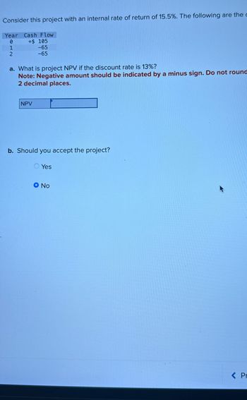 Consider this project with an internal rate of return of 15.5%. The following are the
Year Cash Flow
0
+$ 105
1
2
-65
-65
a. What is project NPV if the discount rate is 13%?
Note: Negative amount should be indicated by a minus sign. Do not round
2 decimal places.
NPV
b. Should you accept the project?
Yes
O No
< Pr