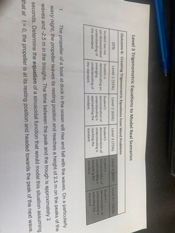 Level 3 Trigonometric Equations to Model Real Scenarios
Outcome 6: Creating Trigonometric Equations from Word Problems
35%
Level 1 (55%)
Student has not
yet demonstrated
understanding of
the standard.
Level 2 (65%)
Level 3 (75%)
Level 4 (90%)
Level 4+ (100%)
Student is
Student's
demonstrating an
emerging
understanding of
the standard.
demonstration of
understanding is
approaching the
standard.
Student's
demonstration of
understanding is
reaching the
standard.
Student's
Student's
demonstration of
understanding is
exceeding the
standard.
demonstration of
understanding is
extending the
standard.
1.
The propeller of a boat at dock in the ocean will rise and fall with the waves. On a particularly
wavy night, the propeller leaves its resting position and reaches a height of 2.5 m on the peaks of the
waves and -2.5 m in the troughs. The time between the peak and the trough is approximately 2
seconds. Determine the equation of a sinusoidal function that would model this situation assuming
that at t = 0, the propeller is at its resting position and headed towards the peak of the next wave.