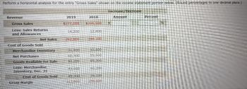 ### Horizontal Analysis of Gross Sales

**Objective:**
Perform a horizontal analysis for the entry "Gross Sales" shown on the income statement portion below. Round percentages to one decimal place.

#### Income Statement Analysis

| Revenue                         | 2019      | 2018      | Increase/Decrease | Percent |
|---------------------------------|-----------|-----------|-------------------|---------|
| **Gross Sales**                 | $277,000  | $200,500  |                   |         |
| Less: Sales Returns and Allowances | 14,200  | 12,400    |                   |         |
| **Net Sales**                   | 262,800   | 188,100   |                   |         |
| **Cost of Goods Sold**          |           |           |                   |         |
| Merchandise Inventory           | 31,900    | 38,800    |                   |         |
| Net Purchases                   | 60,300    | 55,500    |                   |         |
| Goods Available for Sale        | 92,200    | 89,300    |                   |         |
| Less: Merchandise Inventory (Dec. 31) | 48,000  | 60,200  |                   |         |
| **Cost of Goods Sold**          | 49,200    | 29,100    |                   |         |
| **Gross Margin**                | 213,600   | 159,000   |                   |         |

#### Explanation of Analysis Table:

- **Revenue:**
  - **Gross Sales:** Represents total sales before deductions for returns and allowances.
  - **Net Sales:** Calculated by subtracting Sales Returns and Allowances from Gross Sales.

- **Cost of Goods Sold:**
  - **Merchandise Inventory (Opening):** Inventory at the beginning of the period.
  - **Net Purchases:** Total purchases minus any returns or allowances.
  - **Goods Available for Sale:** Sum of Merchandise Inventory and Net Purchases.
  - **Merchandise Inventory (Closing):** Inventory at the end of the period.
  - **Cost of Goods Sold (COGS):** Calculated by subtracting the closing inventory from Goods Available for Sale.

- **Gross Margin:** Net Sales minus Cost of Goods Sold, representing the profit made before deducting operating expenses.

### Graphs/Diagrams:

The dataset does not include any graphs or diagrams. However, for educational purposes