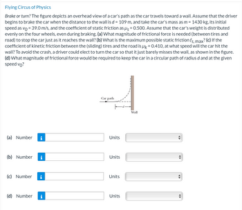 Flying Circus of Physics
Brake or turn? The figure depicts an overhead view of a car's path as the car travels toward a wall. Assume that the driver
begins to brake the car when the distance to the wall is d = 109 m, and take the car's mass as m = 1430 kg, its initial
speed as vo = 39.0 m/s, and the coefficient of static friction as μ = 0.500. Assume that the car's weight is distributed
evenly on the four wheels, even during braking. (a) What magnitude of frictional force is needed (between tires and
road) to stop the car just as it reaches the wall? (b) What is the maximum possible static friction fs, max? (c) If the
coefficient of kinetic friction between the (sliding) tires and the road is uk = 0.410, at what speed will the car hit the
wall? To avoid the crash, a driver could elect to turn the car so that it just barely misses the wall, as shown in the figure.
(d) What magnitude of frictional force would be required to keep the car in a circular path of radius d and at the given
speed vo?
(a) Number
i
(b) Number i
(c) Number i
(d) Number i
Car path
Units
Units
Units
Units
Wall