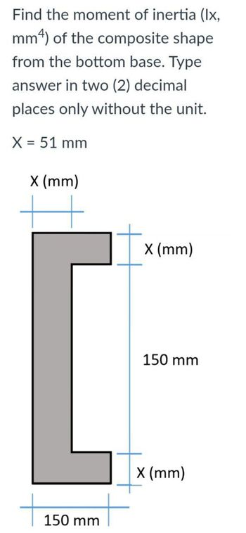 Find the moment of inertia (lx,
mm) of the composite shape
from the bottom base. Type
answer in two (2) decimal
places only without the unit.
X = 51 mm
X (mm)
Xx (mm)
[₁
150 mm
X (mm)
150 mm