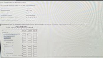 Flexible Budget for Selling and Administrative Expenses
Fuller Enterprises uses flexible budgets that are based on the following data:
Sales commissions
Advertising expense
Customer support expense
Office salaries expense
Miscellaneous administrative expense
Research and development expense
Total sales
Variable cost:
Miscellaneous selling expenses
Advertising expense
Prepare a flexible selling and administrative expenses budget for July for sales volumes of $105,000, $130,000, and $160,000. (Use Exhibit 5 as a model.) Enter all amounts as positive numbers.
FULLER ENTERPRISES
Sales fees
Flexible Selling and Administrative Expenses Budget
For the Month Ending July 31
Total variable cost
Fixed cost:
9% of sales
Total fixed cost
19% of sales
Total selling and administrative expenses
$2,350 plus 3% of sales
$16,000 per month
$2,900 plus 2% of sales
$1,700 per month
$105,000 $130,000 $160,000
4