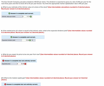 The Duo Growth Company just paid a dividend of $1.00 per share. The dividend is expected to grow at a rate of 24% per year for the
next three years and then to level off to 5% per year forever. You think the appropriate market capitalization rate is 19% per year.
a. What is your estimate of the intrinsic value of a share of the stock? (Use intermediate calculations rounded to 4 decimal places.
Round your answer to 2 decimal places.)
Answer is complete and correct.
Intrinsic value per share
$
b. If the market price of a share is equal to this intrinsic value, what is the expected dividend yield? (Use intermediate values rounded
to 2 decimal places. Round your answer to 2 decimal places.)
Expected dividend yield
11.74
Answer is complete and correct.
10.56 %
c. What do you expect its price to be one year from now? (Use intermediate values rounded to 4 decimal places. Round your answer
to 2 decimal places.)
$
Answer is complete but not entirely correct.
Expected price
25.96 X
d-1. What is the implied capital gain? (Use intermediate values rounded to 2 decimal places. Round your answer to 4 decimal
places.)
X Answer is complete but not entirely correct.