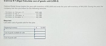 Exercise 6-1 (Algo) Calculate cost of goods sold (LO6-2)
Oakland Retail Group begins the year with inventory of $52,000 and ends the year with inventory of $42,000. During the year, the
company has four purchases for the following amounts.
Purchase on February 17
Purchase on May 6
Purchase on September 8
Purchase on December 4
Required:
Calculate cost of goods sold for the year.
Beginning inventory
A
Cost of goods available for sale
Cost of goods sold
$207,000
127,000
157,000
407,000
$
52,000