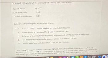 On January 1, 2022, Wildhorse Co's accounting records contained these liability accounts.
Accounts Payable
Sales Taxes Payable
Unearned Service Revenue
During January, the following selected transactions occurred.
Jan. 1
5
12
14
$44,700
8,800
21,200
20
Borrowed $18,000 in cash from Apex Bank on a 4-month, 5%, $18,000 note.
Sold merchandise for cash totaling $5,512, which includes 6% sales taxes.
Performed services for customers who had made advance payments of $13,000. (Record Service Revenue)
Paid state treasurer's department for sales taxes collected in December 2021, $8,800.
Sold 720 units of a new product on credit at $50 per unit, plus 6% sales tax
During January, the company's employees earned wages of $75,300. Withholdings related to these wages were $5,760 for FICA
$5,379 for federal income tax, and $1,614 for state income tax. The company owed no money related to these earnings for federal or
state unemployment tax. Assume that wages earned during January will be paid during February. Wages or payroll tax expense have
not been recorded as of January 31.