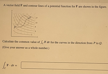 A vector field F and contour lines of a potential function for F are shown in the figure.
Já
17
F. dr =
13
Calculate the common value of / F dr for the curves in the direction from P to Q.
(Give your answer as a whole number.)
5