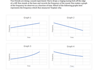 Two friends are doing a sound experiment: Harry drops a ringing tuning fork off the edge
of a cliff. Ron stands at the base and records the frequency of the sound. Ron makes a graph
of the frequency he observes as a function of time. Which of the following graphs best
represents the frequency which Ron measures? Explain why.
Graph 1
Graph 2
Time
Time
Graph 3
Graph 4
Time
Time
Frequency
Frequency
Frequency
Frequency
