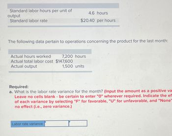 Standard labor hours per unit of
4.6 hours
output
Standard labor rate
$20.40 per hours
The following data pertain to operations concerning the product for the last month:
Actual hours worked
7,200 hours
1,500 units
Actual total labor cost $147,600
Actual output
Required:
a. What is the labor rate variance for the month? (Input the amount as a positive va
Leave no cells blank - be certain to enter "O" wherever required. Indicate the ef
of each variance by selecting "F" for favorable, "U" for unfavorable, and "None"
no effect (i.e., zero variance.)
Labor rate variance