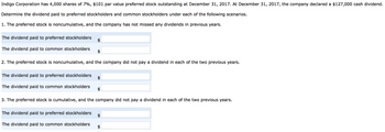 Indigo Corporation has 4,000 shares of 7%, $101 par value preferred stock outstanding at December 31, 2017. At December 31, 2017, the company declared a $127,000 cash dividend.
Determine the dividend paid to preferred stockholders and common stockholders under each of the following scenarios.
1. The preferred stock is noncumulative, and the company has not missed any dividends in previous years.
The dividend paid to preferred stockholders $
The dividend paid to common stockholders $
2. The preferred stock is noncumulative, and the company did not pay a dividend in each of the two previous years.
The dividend paid to preferred stockholders $
The dividend paid to common stockholders $
3. The preferred stock is cumulative, and the company did not pay a dividend in each of the two previous years.
The dividend paid to preferred stockholders
The dividend paid to common stockholders
$