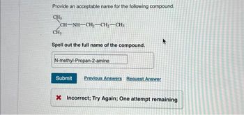 Provide an acceptable name for the following compound.
CH3
CH-NH–CH,—CH,–CH,
CH₂
Spell out the full name of the compound.
N-methyl-Propan-2-amine
Submit Previous Answers Request Answer
X Incorrect; Try Again; One attempt remaining