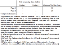 Unit processing times (in hrs)
Product 1
Product 2
Minimum Working Hours
Plant 1
2
4
16
Plant 2
4
3
24
Unit production costs
3
Suppose that you have two products, (Product 1 and 2), which can be produced in
one of two plants (Plant 1 and 2). The corresponding unit processing times of each
product on each plant, and their unit costs are given. Each plant has a minimum
working hour limit, as shown in the table below.
Decision variables for the problem are defined as A: number of product 1 produced,
and B: number of product 2 produced. Formulated the problem as an LP minimizing
total cost and solve it by graphical method. Explicitly show the isocost lines, the
intersection of the costraints and the optimal solution on the graph. Then,
according to your graph, answer the following questions.
(i) What is the shadow price of the Constraint 1 (Plant 1 Constraint)? Compute and
show on graph.
(ii) What is the shadow price of the Constraint 2 (Plant2 Constraint)? Compute and
show on graph.
(iii) What is the reduced cost of A? (How much should the objective function
coefficient of A reduced from 6 for it to become nonzero in the optimal solution?)
