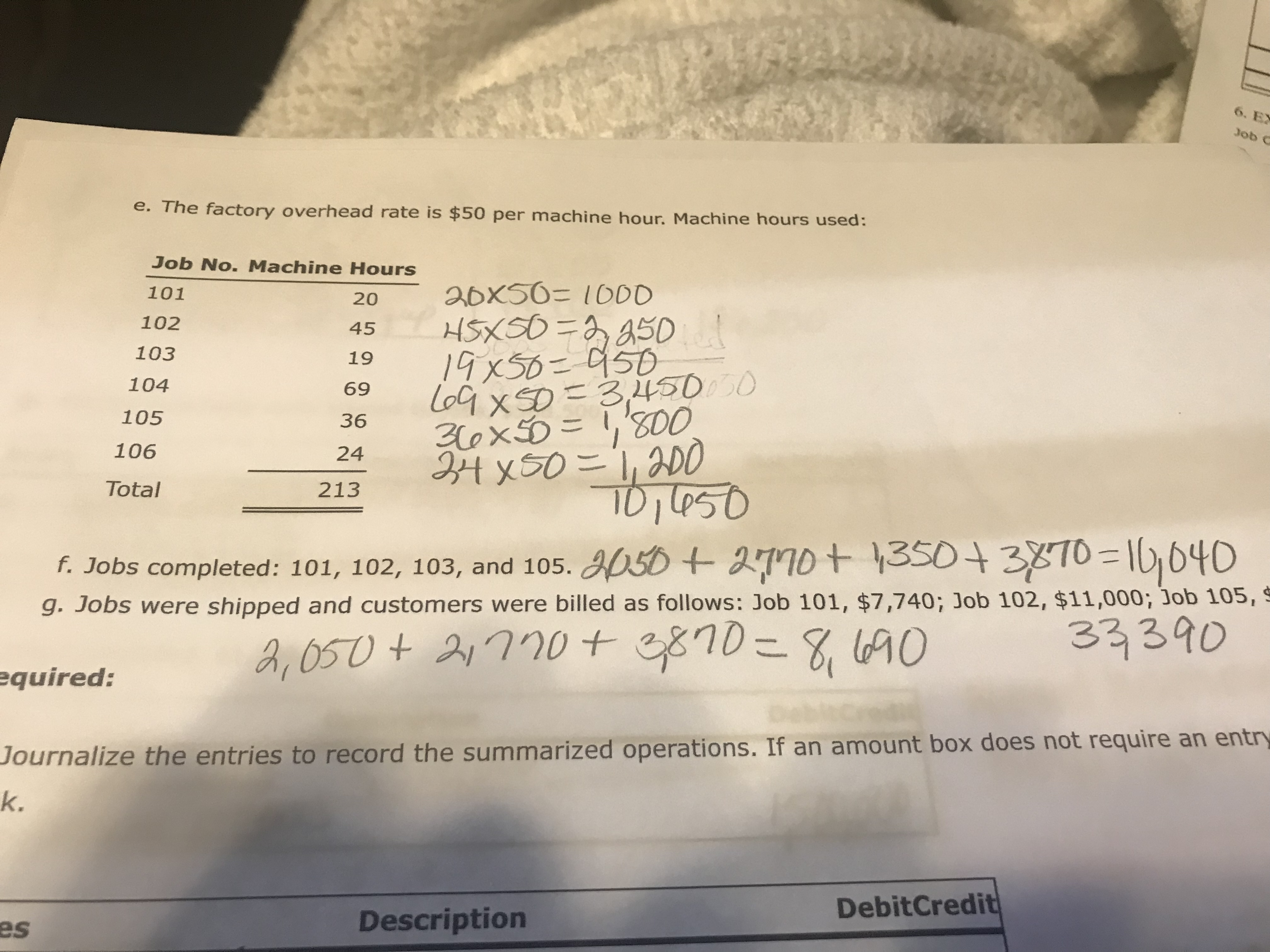 6. EX
Job C
e. The factory overhead rate is $50 per machine hour. Machine hours used:
Job No. Machine Hours
20X50= 10OD
HSXSO=3 850!
19x50=950
L09x50=3,45050
36x50=1,80O
4200
101
20
102
45
103
19
104
69
105
36
4x50='1,2DO
TO,050
106
24
Total
213
f. Jobs completed: 101, 102, 103, and 105. P50 + 277ot 1350+3870=16,040
g. Jobs were shipped and customers were billed as follows: Job 101, $7,740; Job 102, $11,000; Job 105,
2,050+ 3870=8, 690
2,770+
33390
equired:
De
Journalize the entries to record the summarized operations. If an amount box does not require an entry
k.
DebitCredit
es
Description
