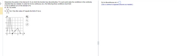 Determine the points in the interval (0,5) at which the function has discontinuities. For each point state the conditions in the continuity
checklist that are violated. In order for f to be continuous at a, the following three conditions must hold.
1. f(a) is defined (a is in the domain off).
2. lim f(x) exists.
x→a
3. lim f(x) = f(a) (the value of f equals the limit off at a).
x→a
6+
Q
Q
f(x) is discontinuous at x =
(Use a comma to separate answers as needed.)