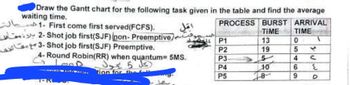 1- First come first served (FCFS).
2- Shot job first(SJF) non- Preemptive.
Draw the Gantt chart for the following task given in the table and find the average
waiting time.
اقل
PROCESS BURST ARRIVAL
TIME TIME
P1
13
3-Shot job first(SJF) Preemptive.
P2
19
4- Round Robin(RR) when quantum= 5MS.
P3-
5
G
LOOD.
كل 5 يحول
P4
10
tion for the
P5
28
0
5469
с
٤
о