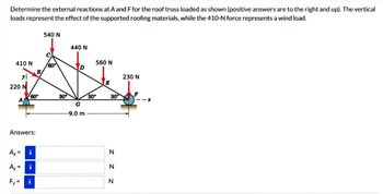 Determine the external reactions at A and F for the roof truss loaded as shown (positive answers are to the right and up). The vertical
loads represent the effect of the supported roofing materials, while the 410-N force represents a wind load.
540 N
410 N
الا
220 N
60°
B
440 N
560 N
230 N
60°
30°
30°
30
G
-9.0 m
Answers:
Ax=
Ay=
Fy=
i
N
N
Z Z
N