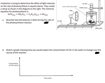 A botanist is trying to determine the effect of light intensity
on the rate of photosynthesis in aquatic plants. They create
a setup as shown in the diagram to the right. The chemical
equation for photosynthesis is:
6CO2(g) + 6H2O (l) → C6H12O6(s) + 602(g)
a. Describe how the botanist is determining the rate of
the photosynthesis reaction.
cm ruler
test tube
water with dissolved CO2
bubbles of gas
lamp
0
10
S
aquatic plant
b. Sketch a graph showing how you would expect the concentration of CO2 in the water to change over the
course of the reaction.
Concentration
of CO2 (mol/L)
Time (min)