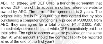 ABC Inc. agreed with DEF Corp. a franchise agreement that
allows DEF the right to access an online reference website
owned by ABC. The term of the agreement is 3 years. The
original initial fee is P1,200,000 but they agreed that by also
purchasing a computer unit originally priced at P300,000 from
ABC, they can agree for a total price of P1,410,000. ABC
immediately delivered the unit while DEF immediately paid the
total price. The right to access was also provided on the same
day. At what amount should the contract liability be reported
at as of the end of the first year?