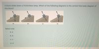 A block slides down a frictionless ramp. Which of the following diagrams is the correct free body diagram of
this block?
(a)
(b)
(C)
(d)
Select one:
a. a
b. b
С. С
d. d
