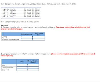 Gale Company has the following inventory and purchases during the fiscal year ended December 31, 2023.
Beginning Inventory
Feb. 10 purchased
Feb. 20
sold
Mar. 13 purchased
Sept. 5
purchased
Oct. 10 sold
a. FIFO
b. Moving weighted average
365 units @ $
280 units @ $
445 units @ $
221 units @ $
330 units @ $
585 units @ $ 153/unit
Gale Company employs a perpetual inventory system.
Required:
1. Calculate the dollar value of ending inventory and cost of goods sold using: (Round your intermediate calculations and final
answers to 2 decimal places.)
Sales
Cost of goods sold
Gross profit
73/unit
77/unit
153/unit
Ending Inventory
71/unit
57/unit
FIFO
2. Using your calculations from Part 1, complete the following schedule: (Round your intermediate calculations and final answers to 2
decimal places.)
Cost of Goods
Sold
Moving Weighted
Average