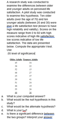 A research study was conducted to
examine the differences between older
and younger adults on perceived life
satisfaction. A pilot study was conducted
to examine this hypothesis. Ten older
adults (over the age of 70) and ten
younger adults (between 20 and 30) were
give a life satisfaction test (known to have
high reliability and validity). Scores on the
measure range from 0 to 60 with high
scores indicative of high life satisfaction:
low scores indicative of low life
satisfaction. The data are presented
below. Compute the appropriate t-test.
Use
.05 level of significance|
Older Adults Younger Adults
45
34
38
22
52
15
48
27
25
37
39
41
51
24
46
19
55
26
46
36
a.
What is your computed answer?
b. What would be the null hypothesis in this
study?
What would be the alternate hypothesis?
d. What is your tgt?
Is there a significant difference between
С.
е.
the two groups? Interpret your answer
