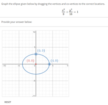 Graph the ellipse given below by dragging the vertices and co-vertices to the correct locations.
4+4=¹ 1
9
16
Provide your answer below:
-10
RESET
10
(0, 0)
(0, 3)
(4,0)
11