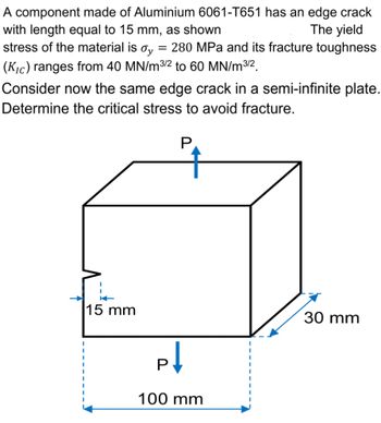 A component made of Aluminium 6061-T651 has an edge crack
with length equal to 15 mm, as shown
The yield
stress of the material is oy = 280 MPa and its fracture toughness
(Kic) ranges from 40 MN/m3/2 to 60 MN/m³/2
Consider now the same edge crack in a semi-infinite plate.
Determine the critical stress to avoid fracture.
P
I
I
I
I
←
15 mm
P↓
100 mm
30 mm