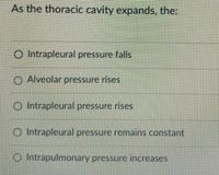 As the thoracic cavity expands, the:
O Intrapleural pressure falls
O Alveolar pressure rises
O Intrapleural pressure rises
O Intrapleural pressure remains constant,
O Ihtrapulmonary pressure increases
