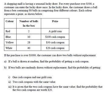 A shopping mall is having a seasonal lucky draw. For every purchase over $500, a
customer can enter the lucky draw once. In the lucky draw, the customer draws a ball
from a box containing 80 balls in comprising four different colours. Each colour
represents a prize, as shown below.
Colour Number of balls
In the box
Red
Blue
Yellow
White
2
10
28
40
Prize
A gold coin
$100 cash coupon
$50 cash coupon
$20 cash coupon
If the purchase is over $1000, the customer can draw two balls without replacement.
a) If a ball is drawn at random, find the probability of getting a cash coupon.
b) If two balls are randomly drawn without replacement, find the probability of getting:
i) One cash coupon and one gold coin.
ii) Two cash coupons with the same value.
111) It is given that the two cash coupons have the same value; find the probability that
the two cash coupons are worth $20.