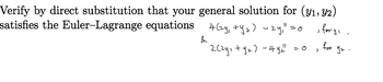 Verify by direct substitution that your general solution for (y₁, Y2)
satisfies the Euler-Lagrange equations 4(zy, +₂) - zy₁" = 0 for y₁
)
&
2 (²y₁ + y₂) - 4 y₂²" = 0
>
for
y₂.