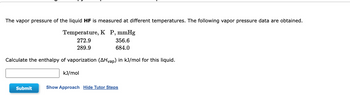 The vapor pressure of the liquid HF is measured at different temperatures. The following vapor pressure data are obtained.
Temperature, K P, mmHg
356.6
272.9
289.9
684.0
Calculate the enthalpy of vaporization (AHvap) in kJ/mol for this liquid.
Submit
kJ/mol
Show Approach Hide Tutor Steps