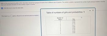 Refer to the accompanying table, which describes results from groups of 8 births from 8 different sets of parents. The random variable x represents the number of girls among 8 children. Find the
mean and standard deviation for the number of girls in 8 births.
Click the icon to view the data table.
Table of numbers of girls and probabilities
- X
The mean is μ=
girl(s). (Round to one decimal place as needed.)
Number of
Girls x
P(x)
0
0.005
0.026
2
0.115
3
0.217
4
0.266
5
0.228
6
0.105
7
0.033
8
0.005