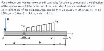 For the beam and loading shown, use discontinuity functions to compute (a) the deflection
of the beam at A and (b) the deflection of the beam at C. Assume a constant value of
EI = 23000 kN m² for the beam. Also, assume P = 22 kN, WB = 25 kN/m, wc = 63
3.0 m, b = 3.9 m, and c = 1.4 m.
kN/m, a
P
=
a
WB
B
b
WC
1
X