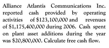 Alliance Atlantis
Communications Inc.
activities
reported cash provided by operating
of $123,100,000 and revenues
of $1,175,400,000 during 2006. Cash spent
on plant asset additions during the year
was $20,800,000. Calculate free cash flow.