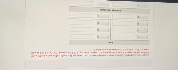 (9)
Using T accounts, enter the beginning balances in the ledger accounts and post the April transactions. (Post entries in the order
of journal entries posted in part a. Round answers to 0 decimal places, e.g 5,275. For accounts that have a zero balance
select 4/30 Bal. from the list and enter O for the amount.)
Cash
Accounts Receivable

