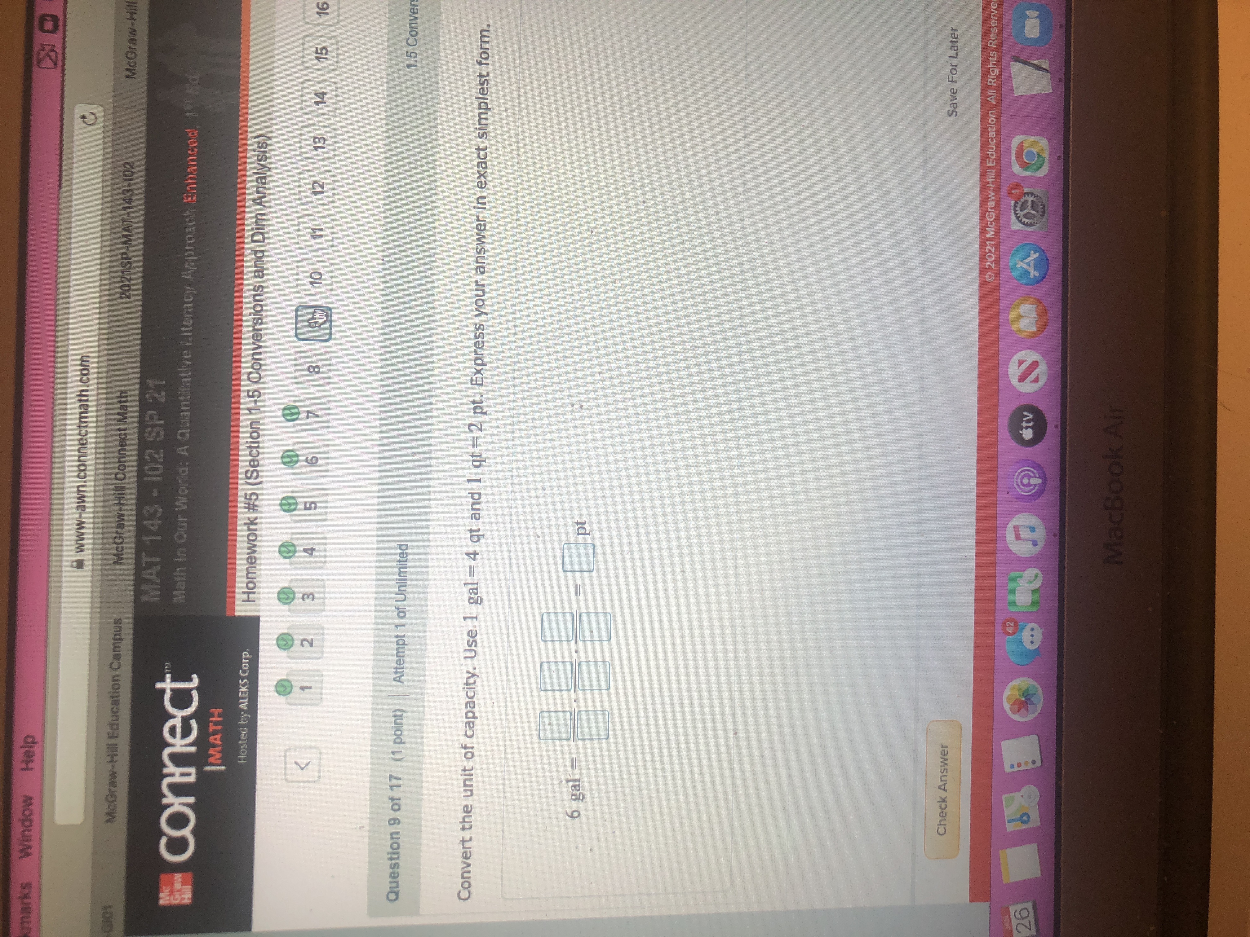 Convert the unit of capacity. Use. 1 gal =4 gt and 1 qt =2 pt. Express your answer in exact simplest form.
