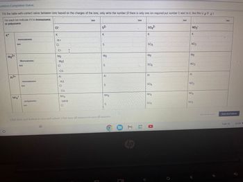 question Completion Status:
Fill the table with correct ratios between ions based on the charges of the ions; only write the number (if there is only one ion required put number 1 next to it, like this Li 2 0 1)
For each ion indicate if it is monoatomic
or polyatomic
K+
Mg2+
A13+
monoatomic
ion
Monoatomic
ion
NH4+
monoatomic
ion
polyatomic
ion
6
Cr
K+
C
CI-
Mg
Mg1
Cl
C11
AI
Al1
CI
CI1
NH4
I
N4H4
CI
ion
52-
G
K
S
Mg
S
S
NHÀ
S
Click Save and Submit to save and submit. Click Save All Answers to save all answers.
M
hp
ion
SO4²-
504
Mg
SO4
Al
S04
NHA
SO4
ion
NO3
K
NO3
Mg
NO3
Al
NO3
NH4
NO3
Save All Answers
ion
Save and Submit
Feb 10
10:59