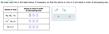 Re-order each list in the table below, if necessary, so that the atoms or ions in it are listed in order of decreasing size.
atoms or ions
+
Mg, Mg, Na
2+
Ca Ba, Ca
2
Be, O, C
atoms or ions in order
of decreasing size
0.0.0
0.0.0
0,0,0
X
Ś