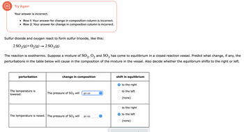 Try Again
Your answer is incorrect.
• Row 1: Your answer for change in composition column is incorrect.
• Row 2: Your answer for change in composition column is incorrect.
Sulfur dioxide and oxygen react to form sulfur trioxide, like this:
2 SO₂(g) + O₂(g) → 2 SO 3(g)
The reaction is exothermic. Suppose a mixture of SO₂, O₂ and SO3 has come to equilibrium in a closed reaction vessel. Predict what change, if any, the
perturbations in the table below will cause in the composition of the mixture in the vessel. Also decide whether the equilibrium shifts to the right or left.
perturbation
The temperature is
lowered.
change in composition
The pressure of SO₂ will
The temperature is raised. The pressure of SO3 will
go up.
go up.
↑
shift in equilibrium
to the right
to the left
(none)
to the right
to the left
(none)