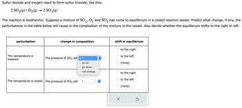 Sulfur dioxide and oxygen react to form sulfur trioxide, like this:
2 SO₂(g) + O₂(g) → 2 SO 3(g)
The reaction is exothermic. Suppose a mixture of SO2, O₂ and SO3 has come to equilibrium in a closed reaction vessel. Predict what change, if any, the
perturbations in the table below will cause in the composition of the mixture in the vessel. Also decide whether the equilibrium shifts to the right or left.
perturbation
The temperature is
lowered.
change in composition
The pressure of SO₂ will ✓?
The temperature is raised. The pressure of SO3 will
go up.
go down.
not change.
?
↑
shift in equilibrium
OO
OOO
X
to the right
to the left
(none)
to the right
to the left
(none)
Ś