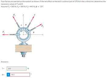 Four forces are exerted on the eyebolt as shown. If the net effect on the bolt is a direct pull of 570 lb in the y-direction, determine the
necessary values of T and e.
Assume F₁ = 360 lb, F2 = 300 lb, F3 = 445 lb, & = 25°
F₁
Answers:
T =
105
の
0 = i
96.5
lb
F₁
3
x