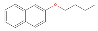 The image depicts the chemical structure of 2-butoxynaphthalene. 

### Description

- **Naphthalene Ring**: The structure is based on two fused benzene rings, known as a naphthalene ring, which is a common aromatic hydrocarbon.

- **Oxygen Atom**: Attached to one of the outer carbon atoms is an oxygen atom (highlighted in red), indicating an ether linkage.

- **Butoxy Group**: The oxygen is connected to a butoxy group, a chain of four carbon atoms connected linearly. This group extends to the right of the naphthalene structure.

### Explanation of Components

- **Aromatic Ring**: The naphthalene provides the aromatic character, making the compound part of the polycyclic aromatic hydrocarbons (PAHs).

- **Ether Linkage**: The presence of the ether (oxygen atom bonded to two carbon atoms) classifies this compound as an aromatic ether, a type of organic functional group.

Overall, this compound is used in certain industrial applications and can serve as an intermediate in various chemical syntheses.