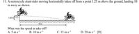 11. A motorcycle stunt-rider moving horizontally takes off from a point 1.25 m above the ground, landing 10
m away as shown.
1.25 m
10 m
What was the speed at take-off?
A. 5 ms-
C. 15 ms
D. 20 m s [D]
B. 10 m s-
