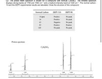 **NMR and Infrared Spectral Analysis of C₅H₉NO₄**

**Question 2:**

The proton NMR spectrum is provided for a compound with the formula C₅H₉NO₄. The infrared (IR) spectrum presents prominent absorption bands at 1750 cm⁻¹ and 1562 cm⁻¹, along with a medium-intensity band at 1320 cm⁻¹. Detailed below are the findings from the normal carbon-13 NMR and DEPT (Distortionless Enhancement by Polarization Transfer) experiments. The task is to determine the structure of this compound based on this data.

**Carbon-13 and DEPT Results:**

| Normal Carbon | DEPT-135 | DEPT-90   |
|---------------|----------|-----------|
| 14 ppm        | Positive | No peak   |
| 16 ppm        | Positive | No peak   |
| 63 ppm        | Negative | No peak   |
| 83 ppm        | Positive | Positive  |
| 165 ppm       | No peak  | No peak   |

**Proton NMR Spectrum:**

- The spectrum displays shifts at the following ppm values:
  - 0.92 ppm 
  - 2.01 ppm 
  - 3.00 ppm 

**Diagram Explanation:**

- The *Proton Spectrum* graph demonstrates peaks corresponding to different hydrogen environments within the molecule.
- The x-axis represents the chemical shift in parts per million (ppm), ranging from 5.0 to 0.0 ppm.
- The y-axis shows signal intensity.
- Notable peaks are observed at approximately 0.92, 2.01, and 3.00 ppm, indicating distinct proton environments.

**Structural Analysis:**

- **IR Spectroscopy:** The absorption bands at 1750 and 1562 cm⁻¹ suggest the presence of carbonyl (C=O) and possibly nitro (NO₂) groups.
- **NMR Data:** Analyzing shifts and DEPT results assists in identifying carbon environments:
  - *14 and 16 ppm* (CH₃ groups as suggested by their positive signal in DEPT-135 and no signal in DEPT-90)
  - *63 ppm* (likely an oxygenated carbon, such as an alcohol or ester CHOH group)
  - *83 ppm* (a CH group, confirmed by positive signals